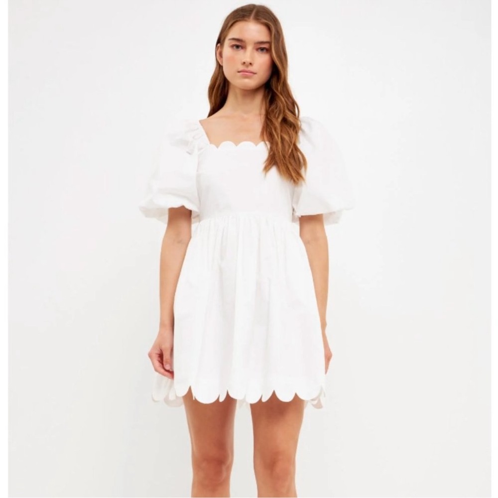 English Factory Scalloped Detail Dress White Puff Sleeve Mini Dress New With Tag